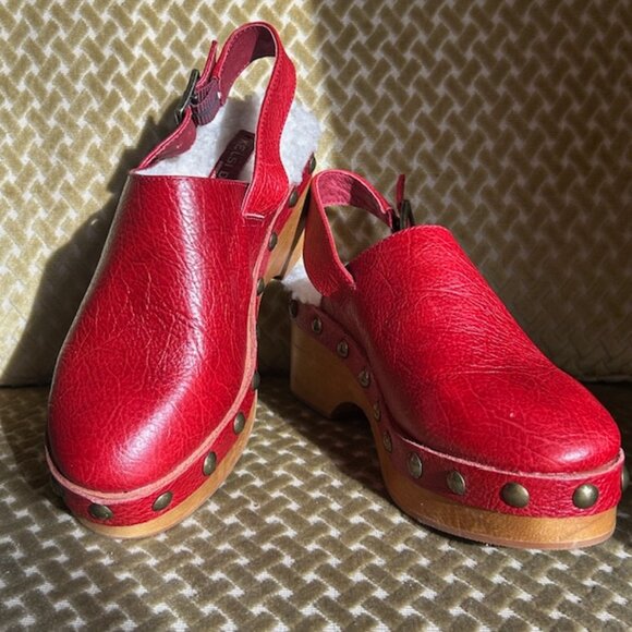 Kelsi Dagger Brooklyn Shoes - Kelsi Dagger Brooklyn Nash Slingback Red Leather Stud Faux Shealing Lined Clogs